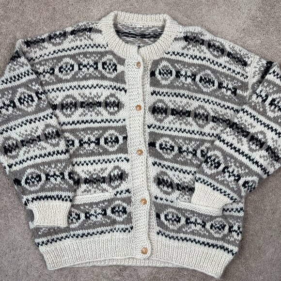 Wool Cardigan Sweater Mens Brown Beige Chunky Handmade in Nepal Vintage Grandpa